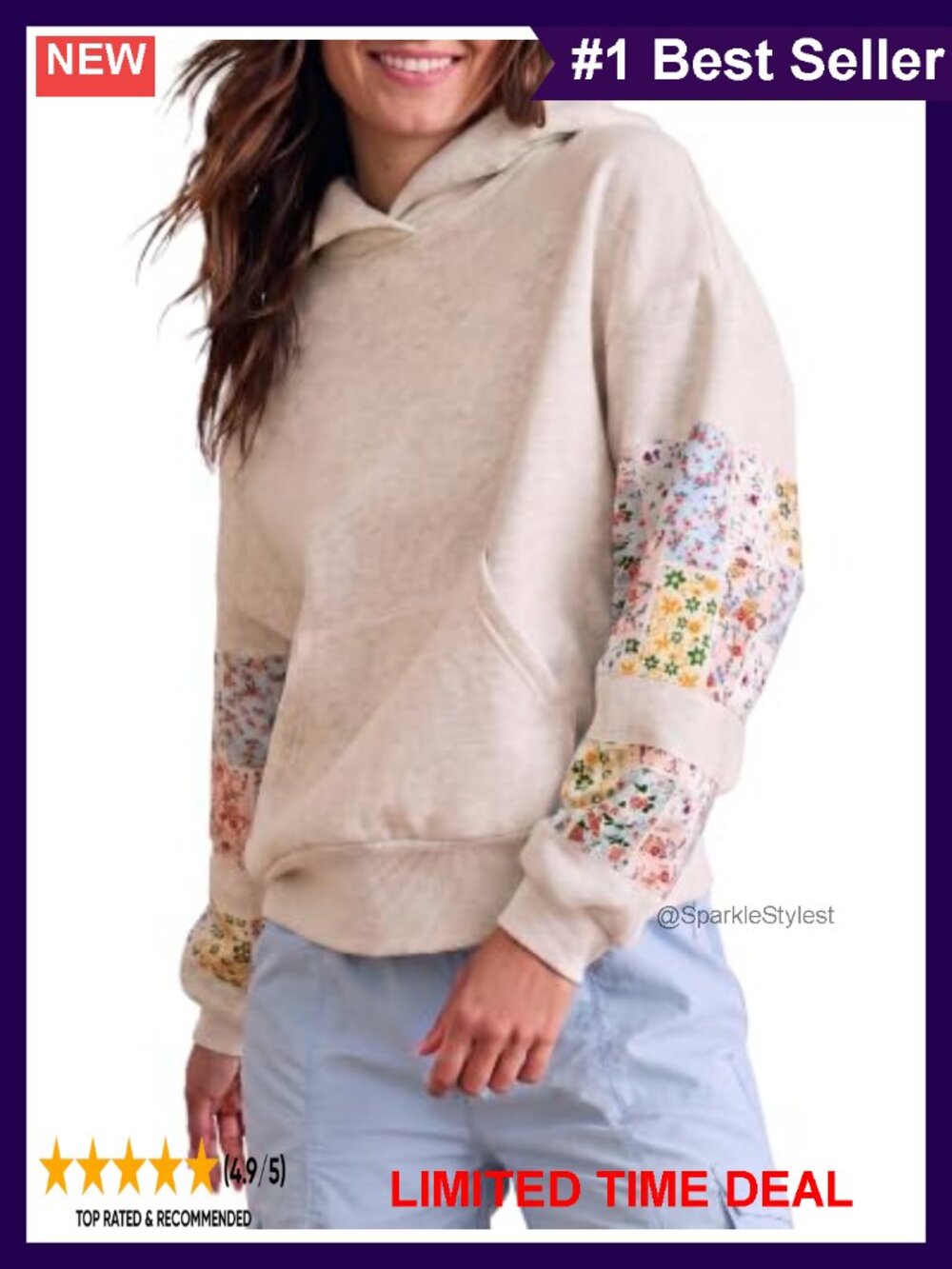 Womens Floral Patchwork Hoodie Oversized Cotton Embroidered Pullover Casual